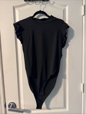 Women’s Black Ruffle Sleeve One-Piece Bodysuit plus size curvy